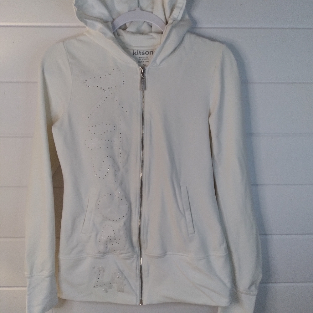 Kitson LA white on white with silver horizontal spellout full zip hoodie. Size M